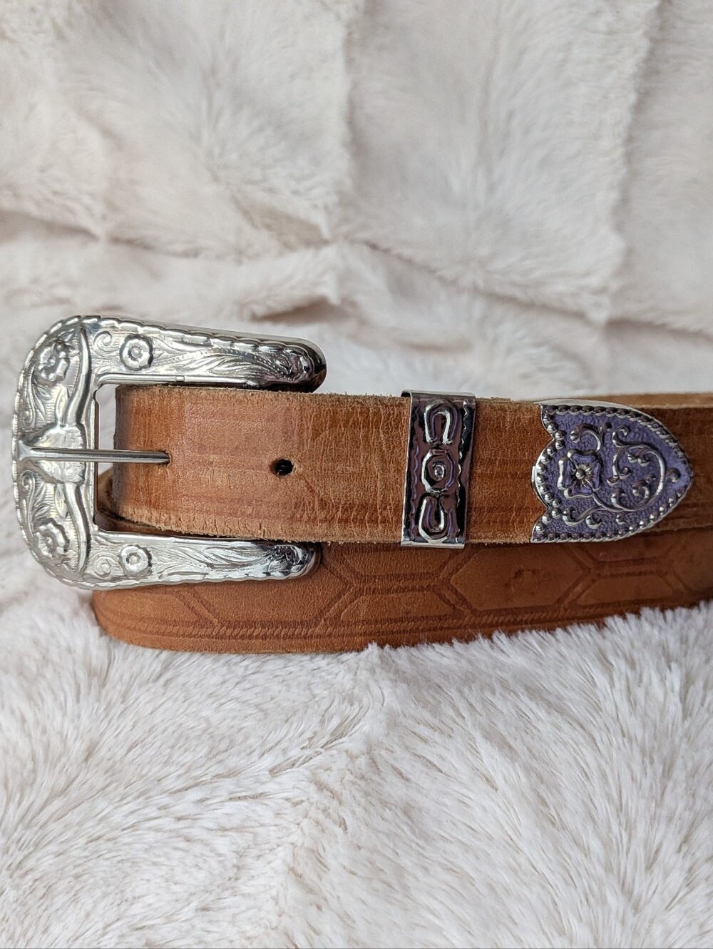 Vintage Western Style Brown Leather Belt Embossed Silver Hardware medium
